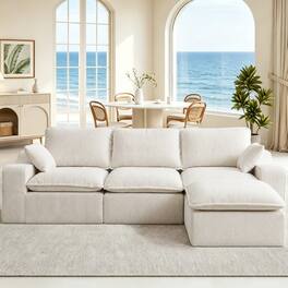 Dyonery - 107'' Couch Corduroy Sectional Couches, L-Shape Chaise, Deep Seat Upholstered, No Assembly Required, Beige - Beige