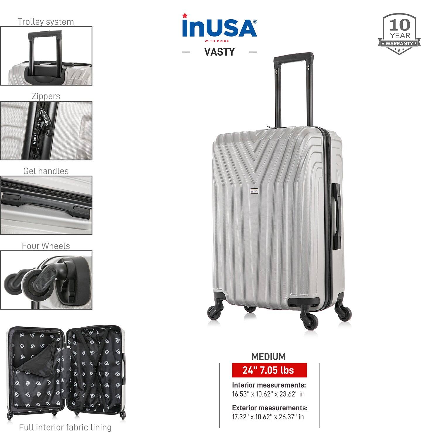 - Trolley system
- Zippers
- Gel handles
- Four Wheels
- Full interior fabric lining

**MEDIUM**
- 24" 7.05 lbs
- Interior measurements: 16.53" x 10.62" x 23.62" in
- Exterior measurements: 17.32" x 10.62" x 26.37" in

**10 YEAR WARRANTY**
