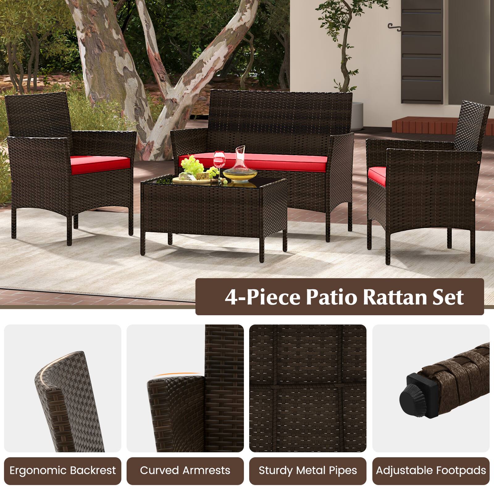4-Piece Patio Rattan Set Ergonomic Backrest Curved Armrests Sturdy Metal Pipes Adjustable Footpads