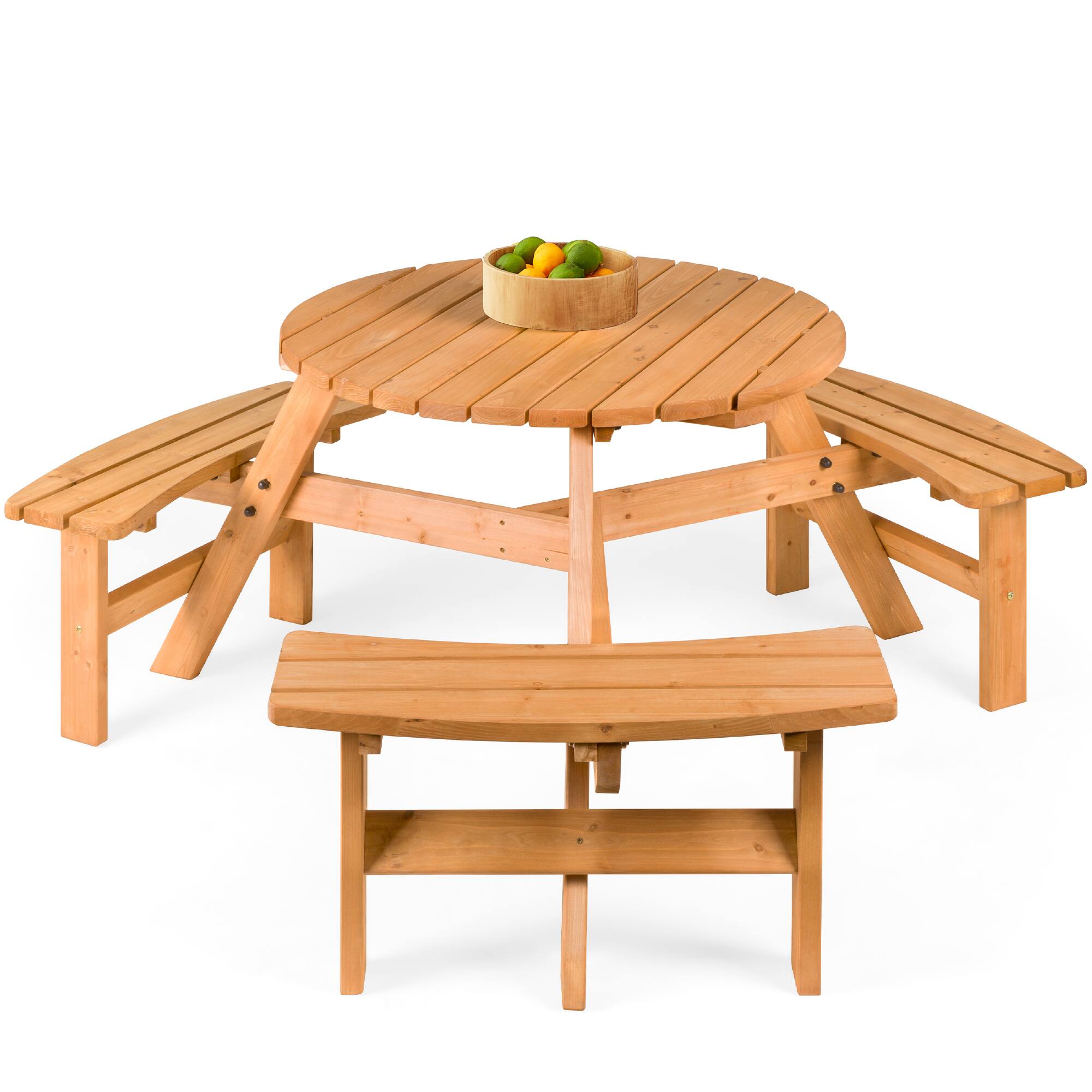 Front. Best Choice Products - Best Choice Products 6-Person Circular Outdoor Wooden Picnic Table w/ 3 Built-In Benches, 500lb Capacity - Natural - Natural.