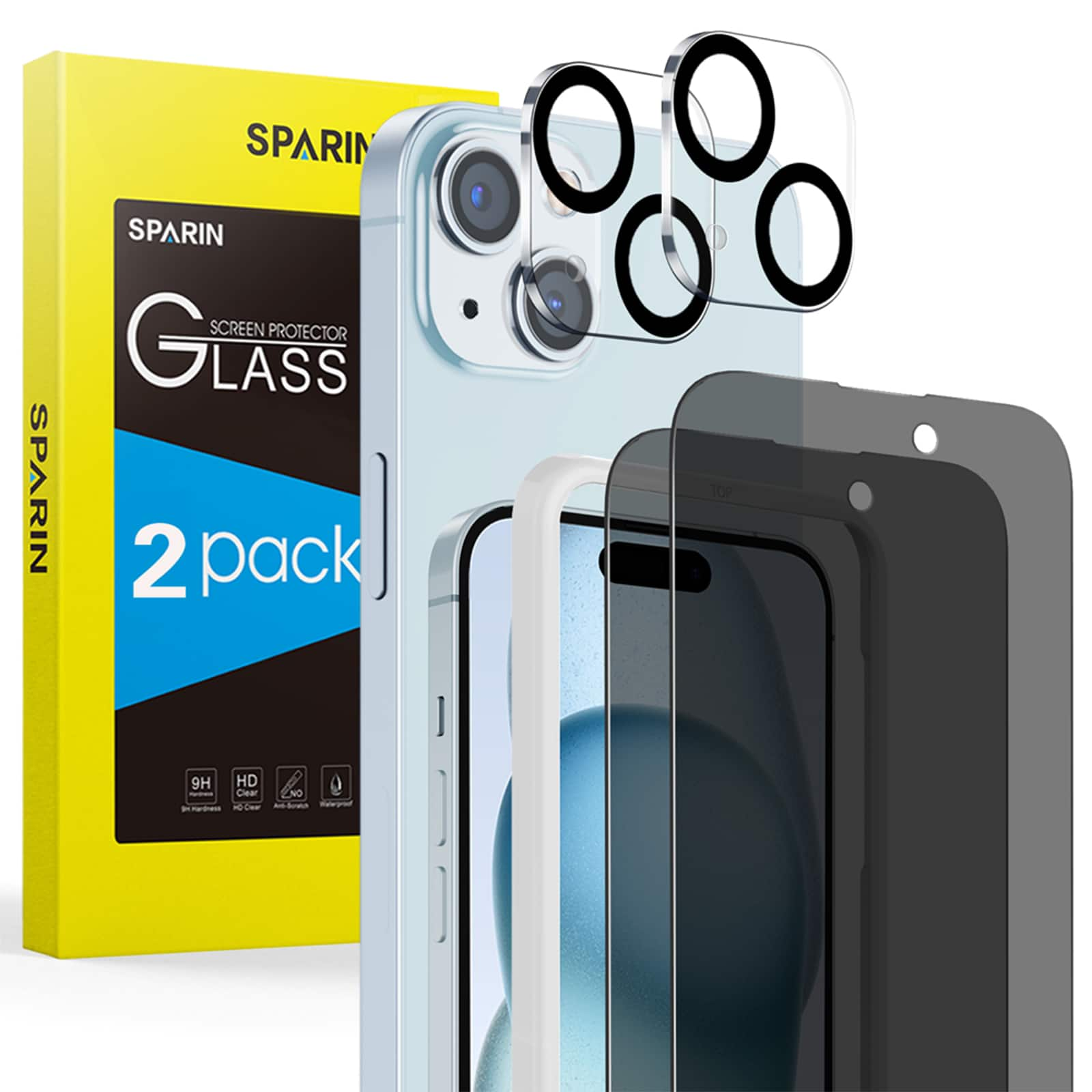 SPARIN - [2+2 Pack] Privacy Screen Protector for iPhone 15 6.1-Inch + Lens Protector, Anti Spy Private Tempered Glass - Black