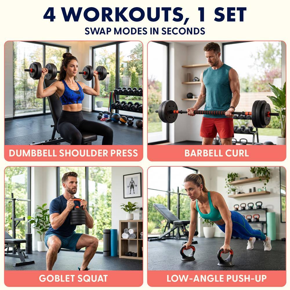 4 WORKOUTS, 1 SET  
SWAP MODES IN SECONDS

- DUMBBELL SHOULDER PRESS
- BARBELL CURL
- GOBLET SQUAT
- LOW-ANGLE PUSH-UP
