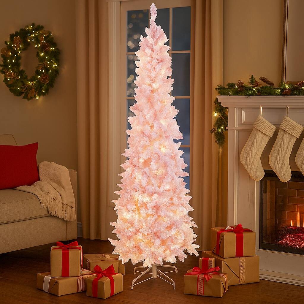 BreeBe - Pre-Lit 7FT Flocked Pencil Christmas Tree – 300 LEDs, 8-Mode Light Settings - Pink