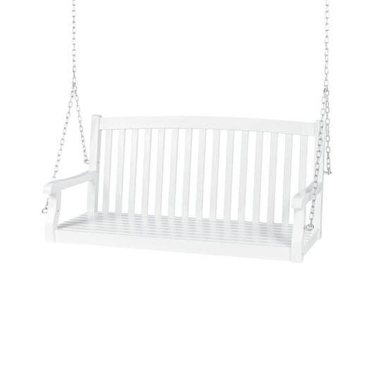 Left. Hivvago - White Acacia Wooden Curved Back Hanging Porch Swing Bench with Mounting Chains - White.