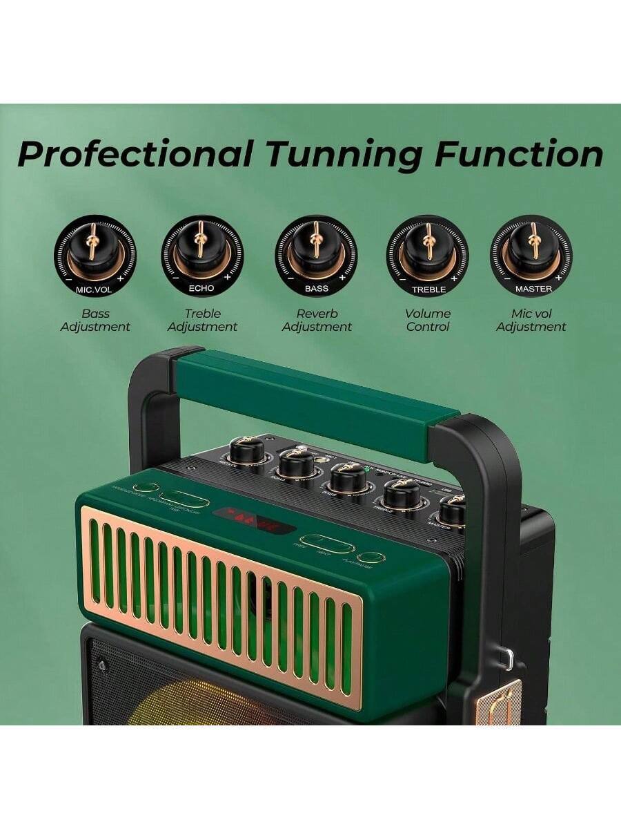 Professional Tuning Function  
- MIC.VOL  
  - Bass Adjustment  
- ECHO  
  - Treble Adjustment  
- BASS  
  - Reverb Adjustment  
- TREBLE  
  - Volume Control  
- MASTER  
  - Mic vol Adjustment