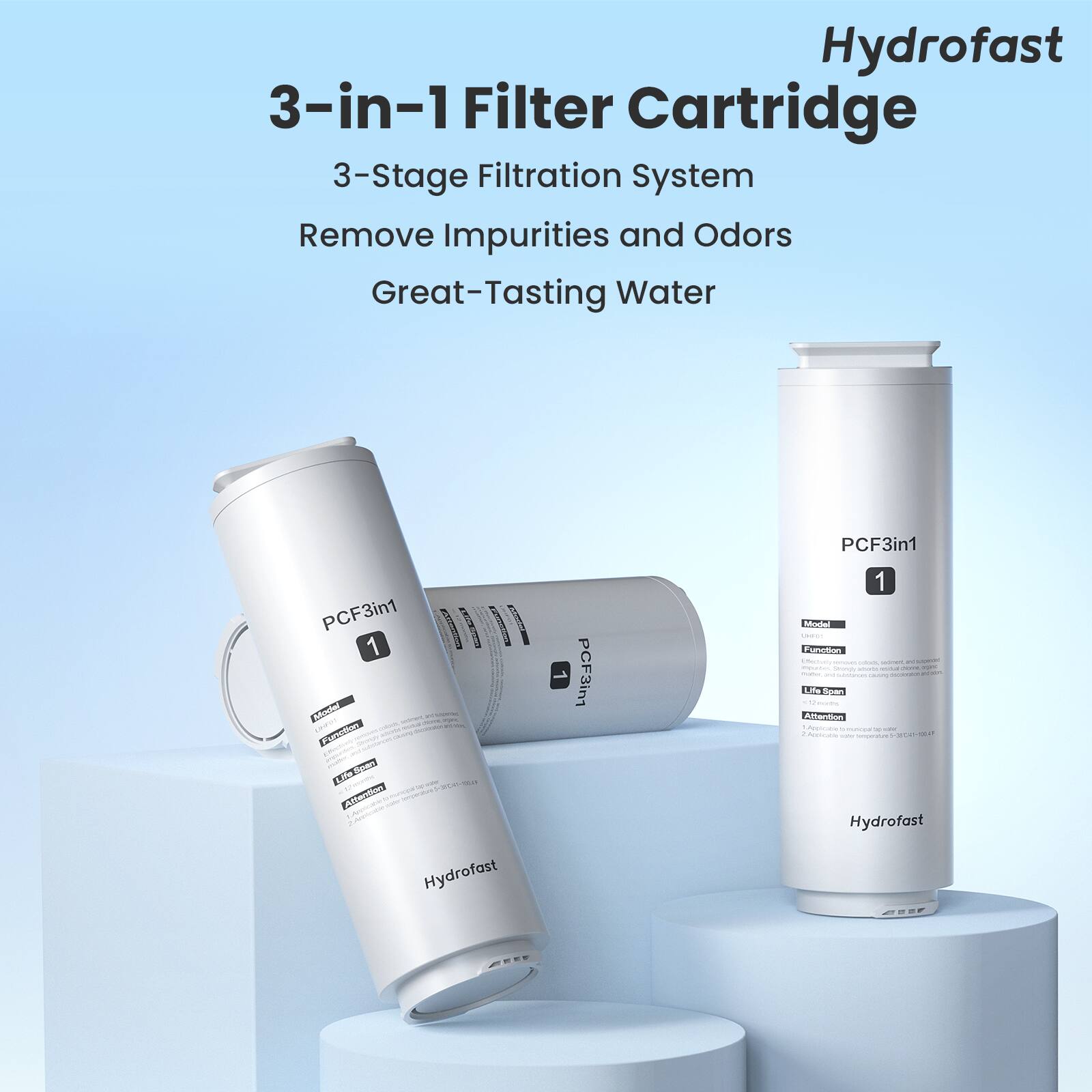Hydrofast  
3-in-1 Filter Cartridge  
3-Stage Filtration System  
Remove Impurities and Odors  
Great-Tasting Water  

PCF3in1  
1  

Hydrofast