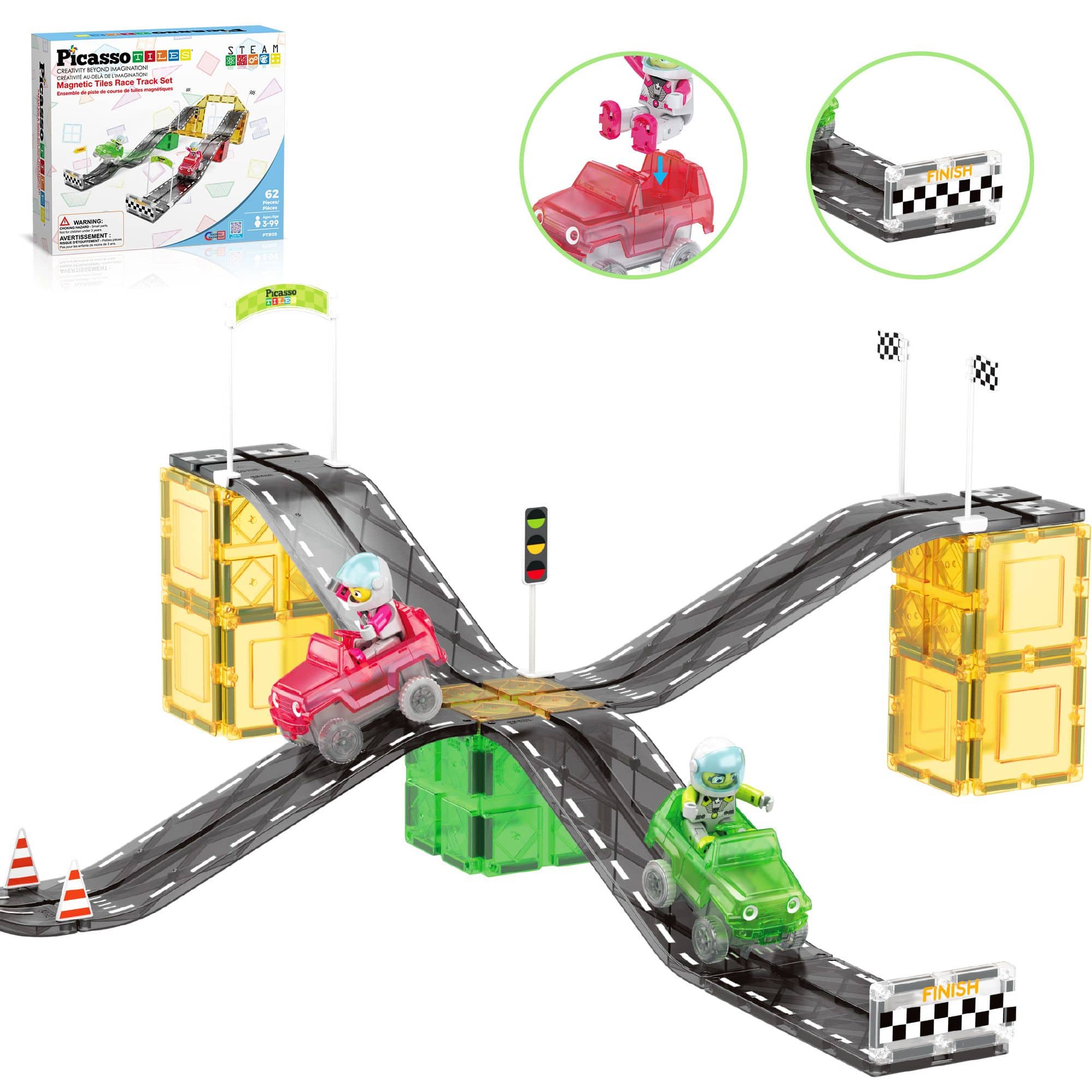 PicassoTiles - 62 Piece Race Car Track Slider Racing Building Set