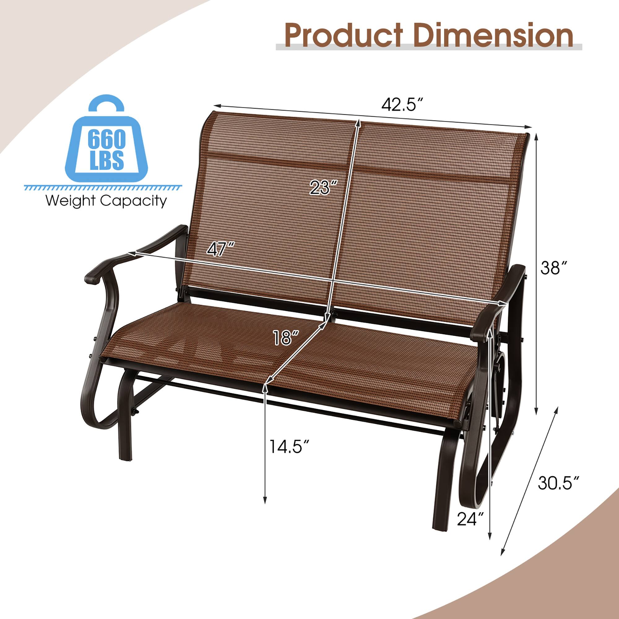 Product Dimension: 42.5" 47" 38" 18" 14.5" 30.5" 24"

Weight Capacity: 660 LBS