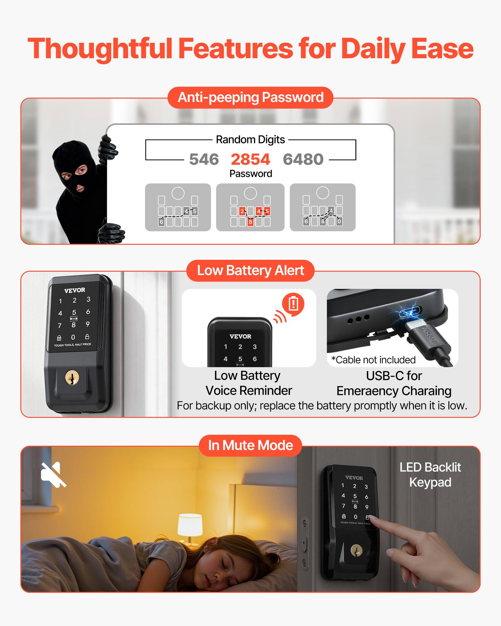 Thoughtful Features for Daily Ease

Anti-peeping Password
- Random Digits: 546 2854 6480
- Password: 6 4 5 2 + 4 5 & A 0

Low Battery Alert
- Low Battery Reminder: For backup only; replace the battery promptly when it is low.
- USB-C for Emergency Charging: *Cable not included

In Mute Mode

LED Backlit Keypad
