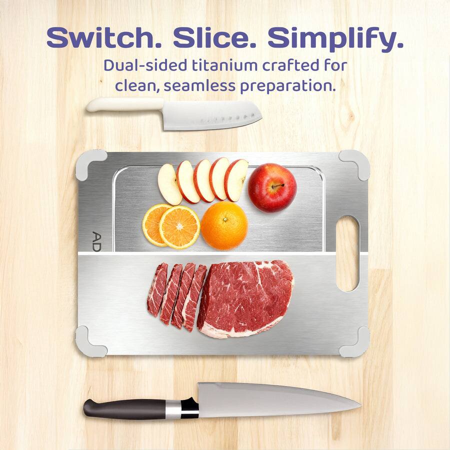 Switch. Slice. Simplify.  
Dual-sided titanium crafted for clean, seamless preparation.