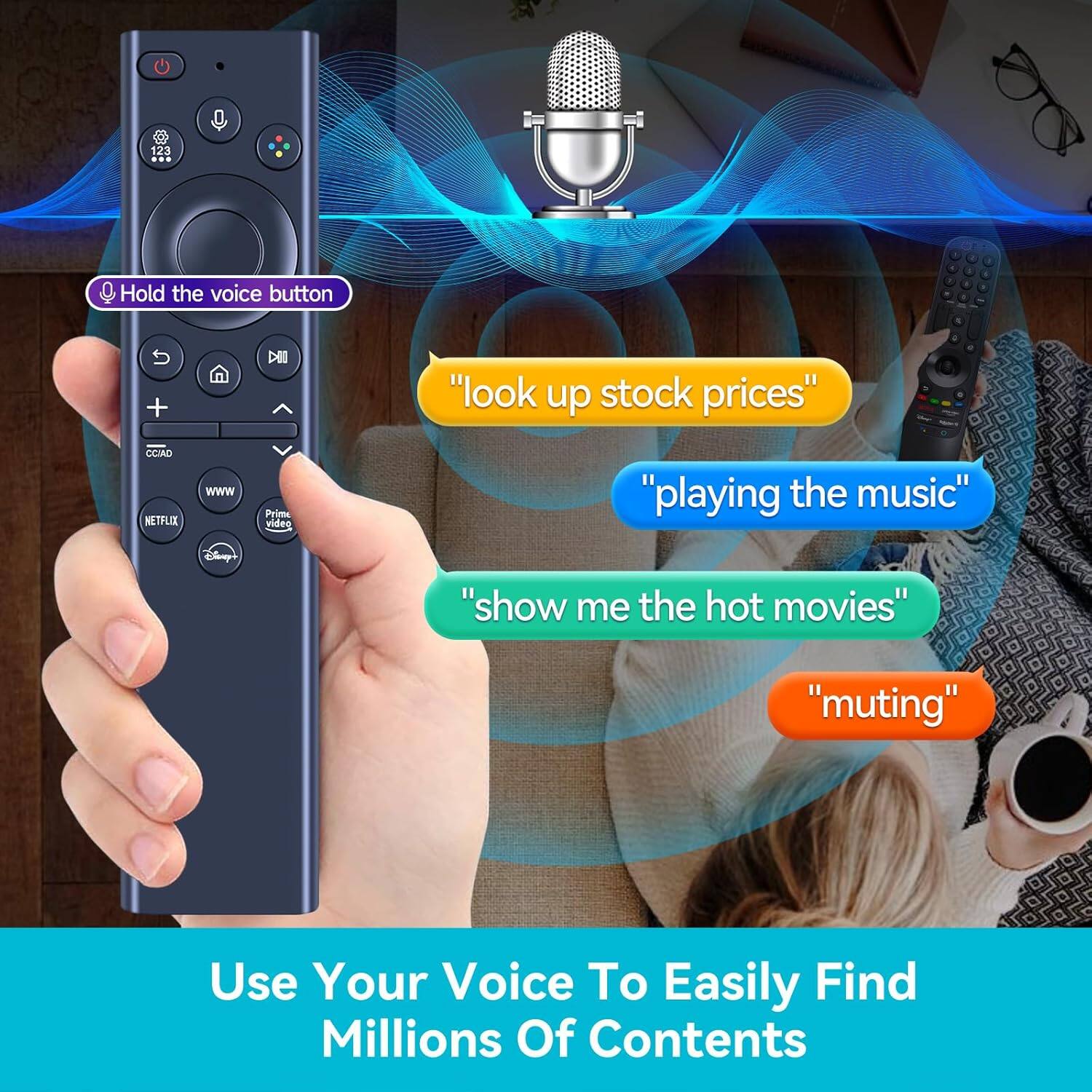 Hold the voice button

"look up stock prices"

"playing the music"

"show me the hot movies"

"muting"

Use Your Voice To Easily Find Millions Of Contents