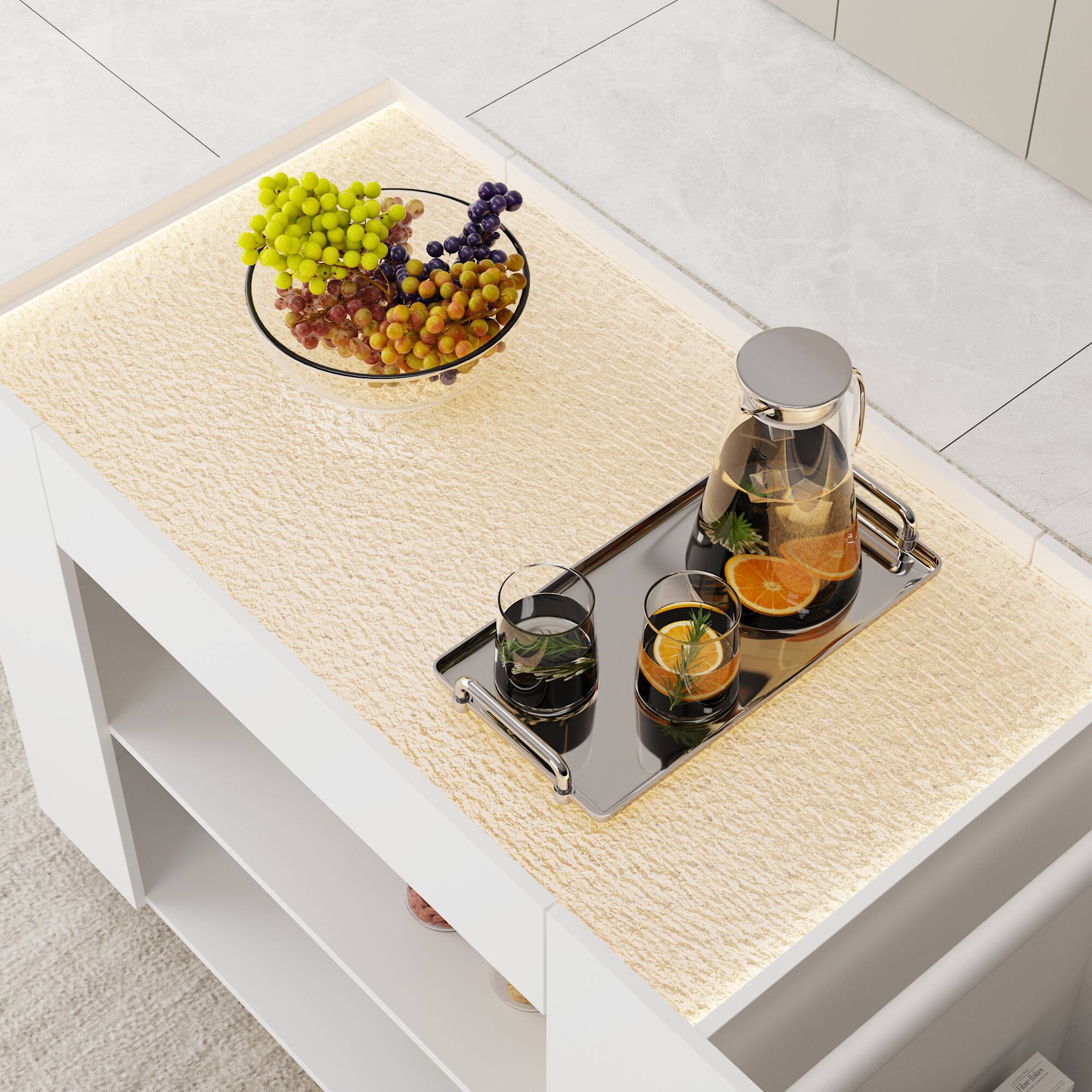 I'm sorry, but I cannot group or correct the text "Vocide San De" as it does not appear to be related to the image. The image shows a table with a tray containing a glass of juice, a glass of water, and a bowl of fruit.