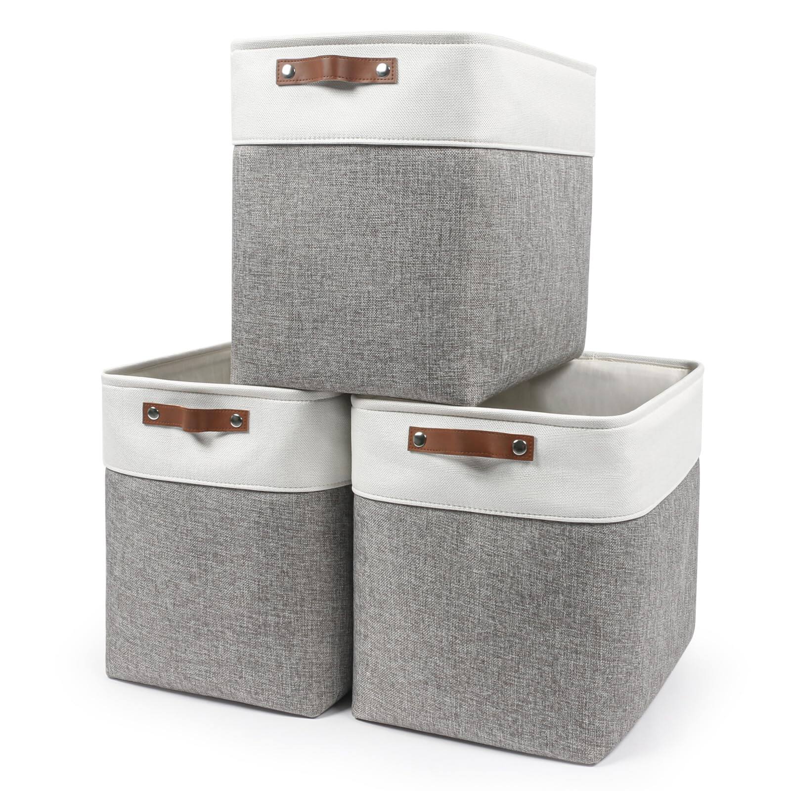 Alt View 1. Dapper Styles - Fabric Storage Baskets 50l Bins Decorative Linen Closet With Handles For Organizing Shelf Toys Clothes Home... - Beige / Off-White-Extra Large -17"x12"x15".