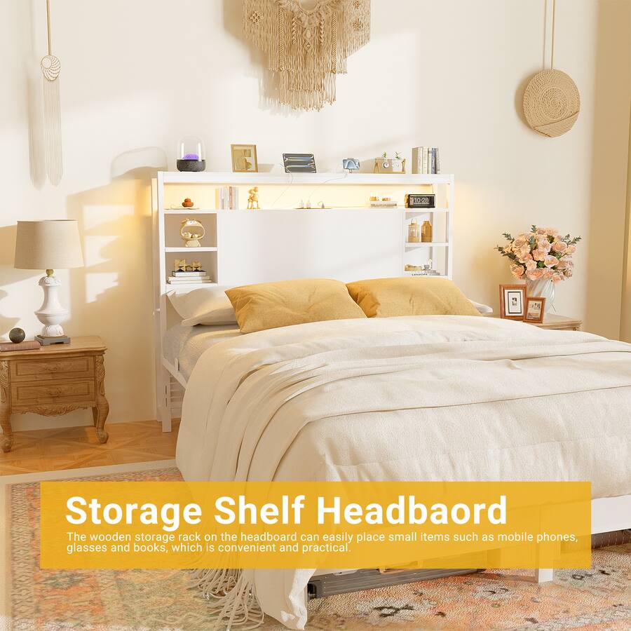 Headboard Stack Rack Aheaplus Sturdy Full Headboard with Storage, USB/Outlets & Smart LED ...