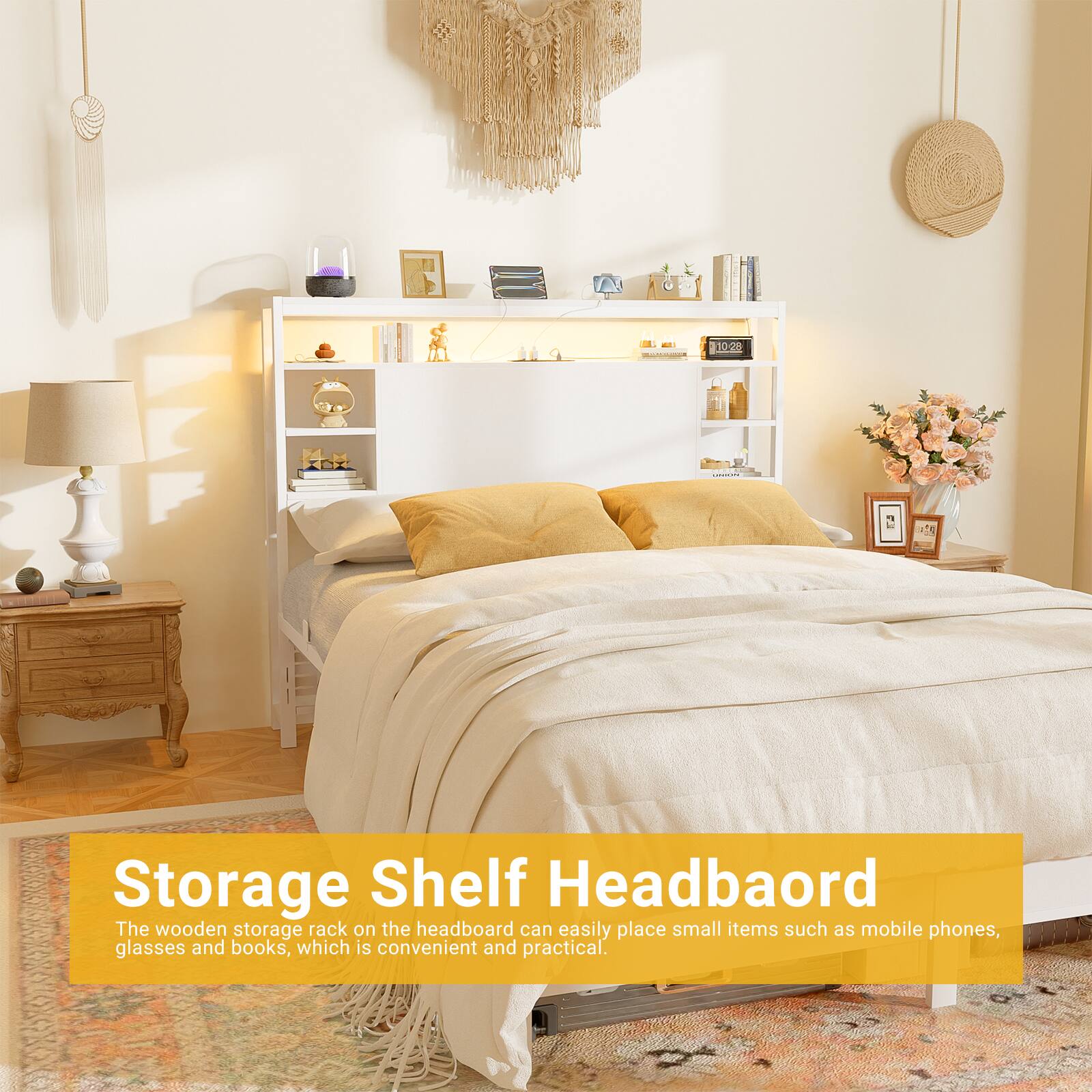 Storage Shelf Headboard

The wooden storage rack on the headboard can easily place small items such as mobile phones, glasses and books, which is convenient and practical.