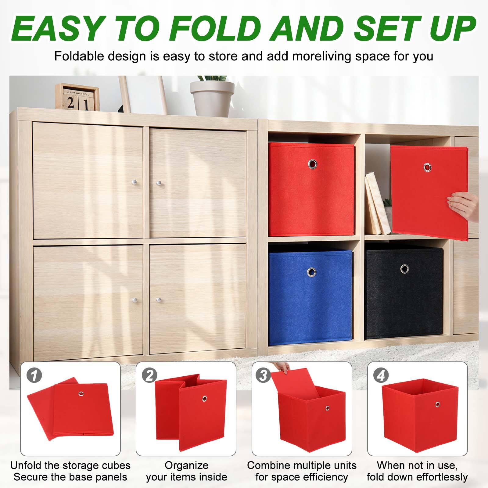 EASY TO FOLD AND SET UP

Foldable design is easy to store and add more living space for you

1. Unfold the storage cubes
2. Secure the base panels
3. Organize your items inside
4. Combine multiple units for space efficiency
5. When not in use, fold down effortlessly