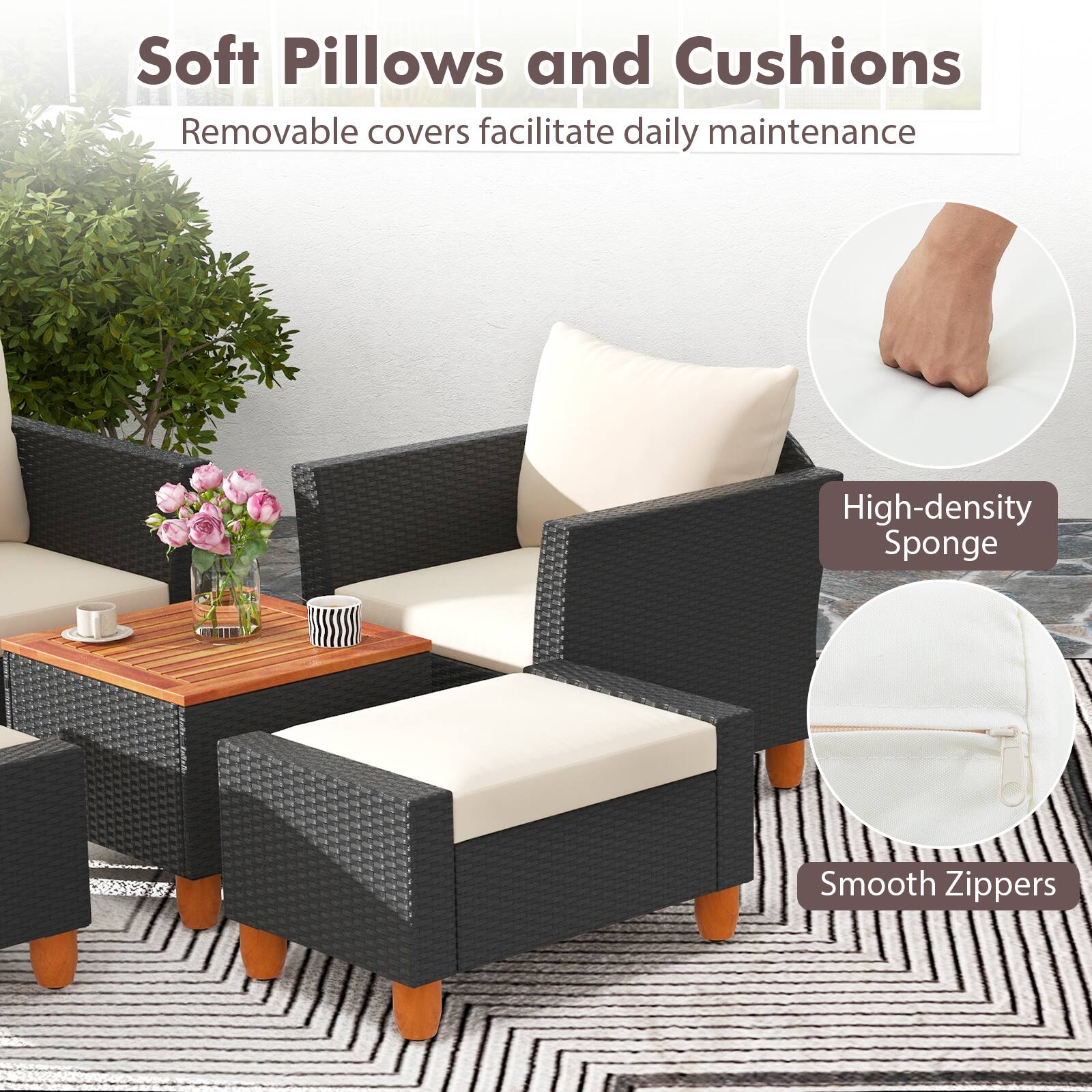 Soft Pillows and Cushions: Removable covers facilitate daily maintenance. High-density Sponge: Smooth Zippers.