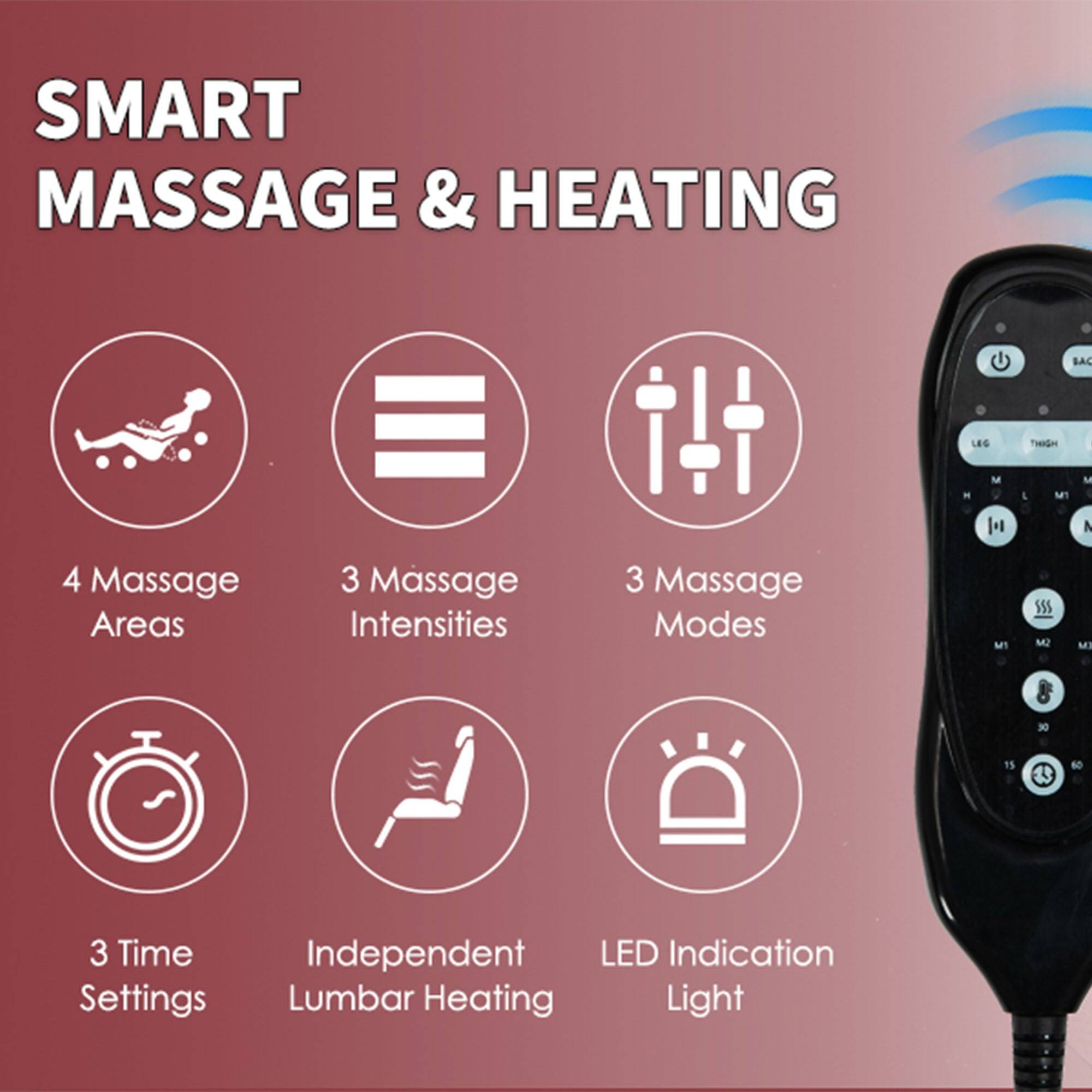 SMART MASSAGE & HEATING

- 4 Massage Areas
- 3 Massage Intensities
- 3 Massage Modes
- 3 Time Settings
- Independent Lumbar Heating
- LED Indication Light