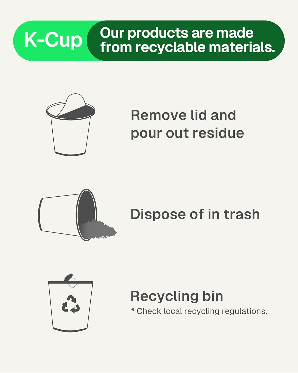 Our products are made from recyclable materials.

1. Remove lid and pour out residue
2. Dispose of in trash
3. Recycling bin
   * Check local recycling regulations.