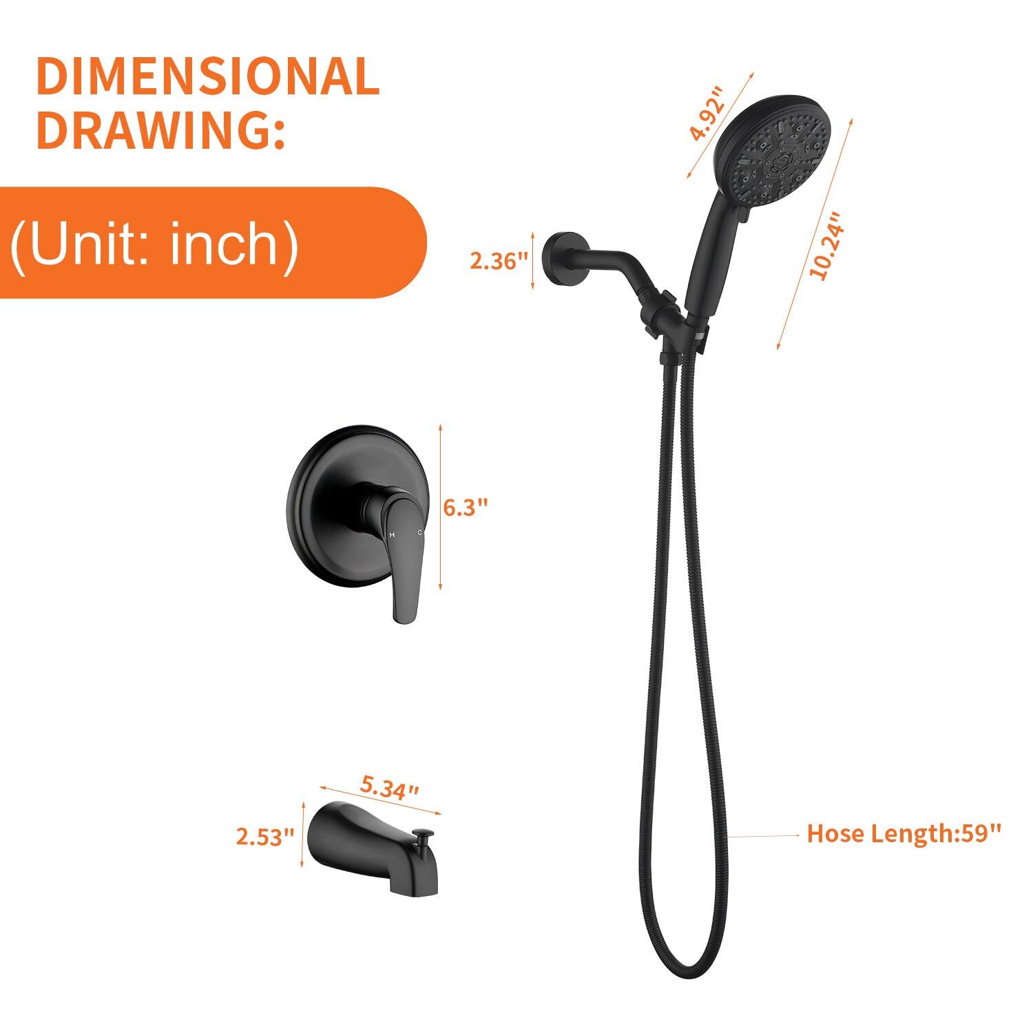 DIMENSIONAL DRAWING:  
(Unit: inch)  

- 2.36"  
- 4.92"  
- 10.24"  
- 6.3"  
- 2.53"  
- 5.34"  
- Hose Length: 59"