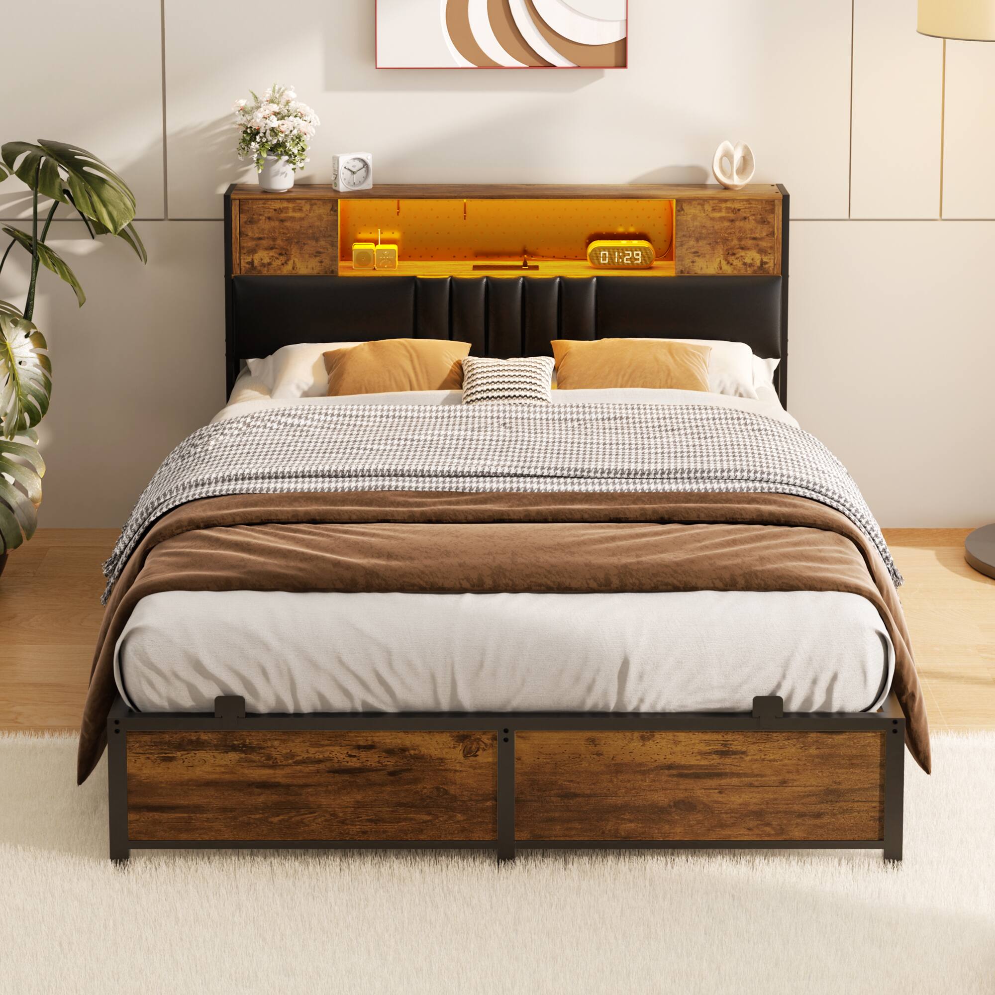 Alt View 5. Aheaplus - Modern Bed Frame: Power Outlet & LED Lights, Headboard Storage, Quiet Support - Rustic Brown.