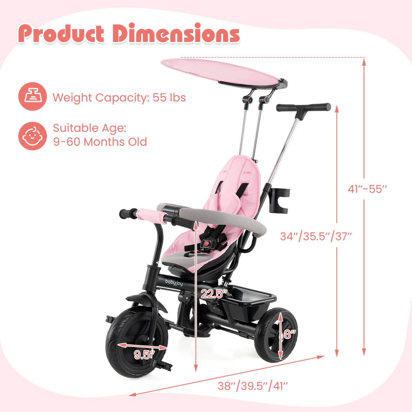 Product Dimensions  
Weight Capacity: 55 lbs  
Suitable Age: 9-60 Months Old  

- 41"-55"  
- 34"/35.5"/37"  
- 22.5"  
- 9.5"  
- 8"  
- 38"/39.5"/41"  
- 39.5"