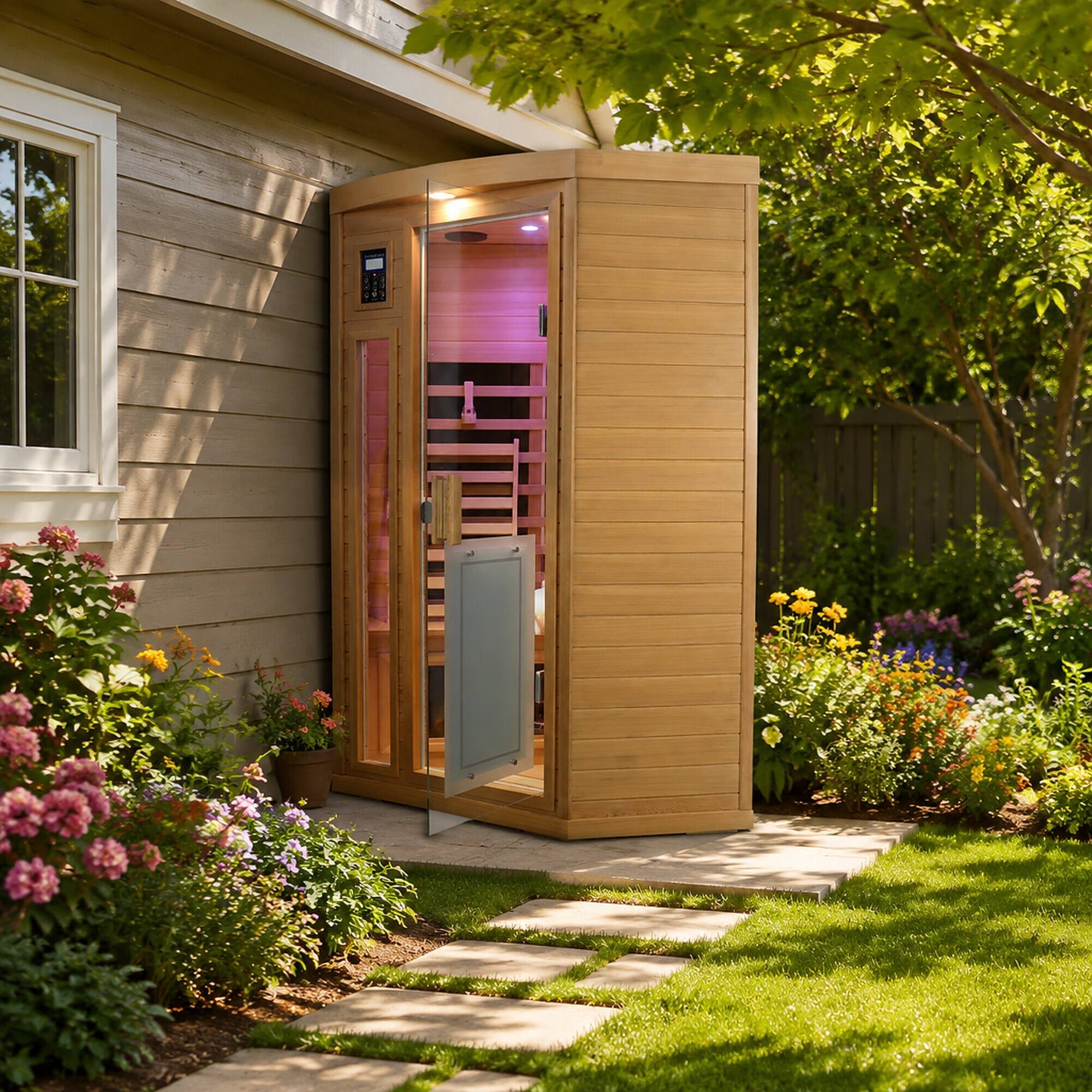Alt View 2. RYHNUYNE - Low EMF 2 Person Far-Infrared Sauna, Red Cedar, Indoor Pentagonal Room, 8 Heating Panels, 1760W - Natural Wood.