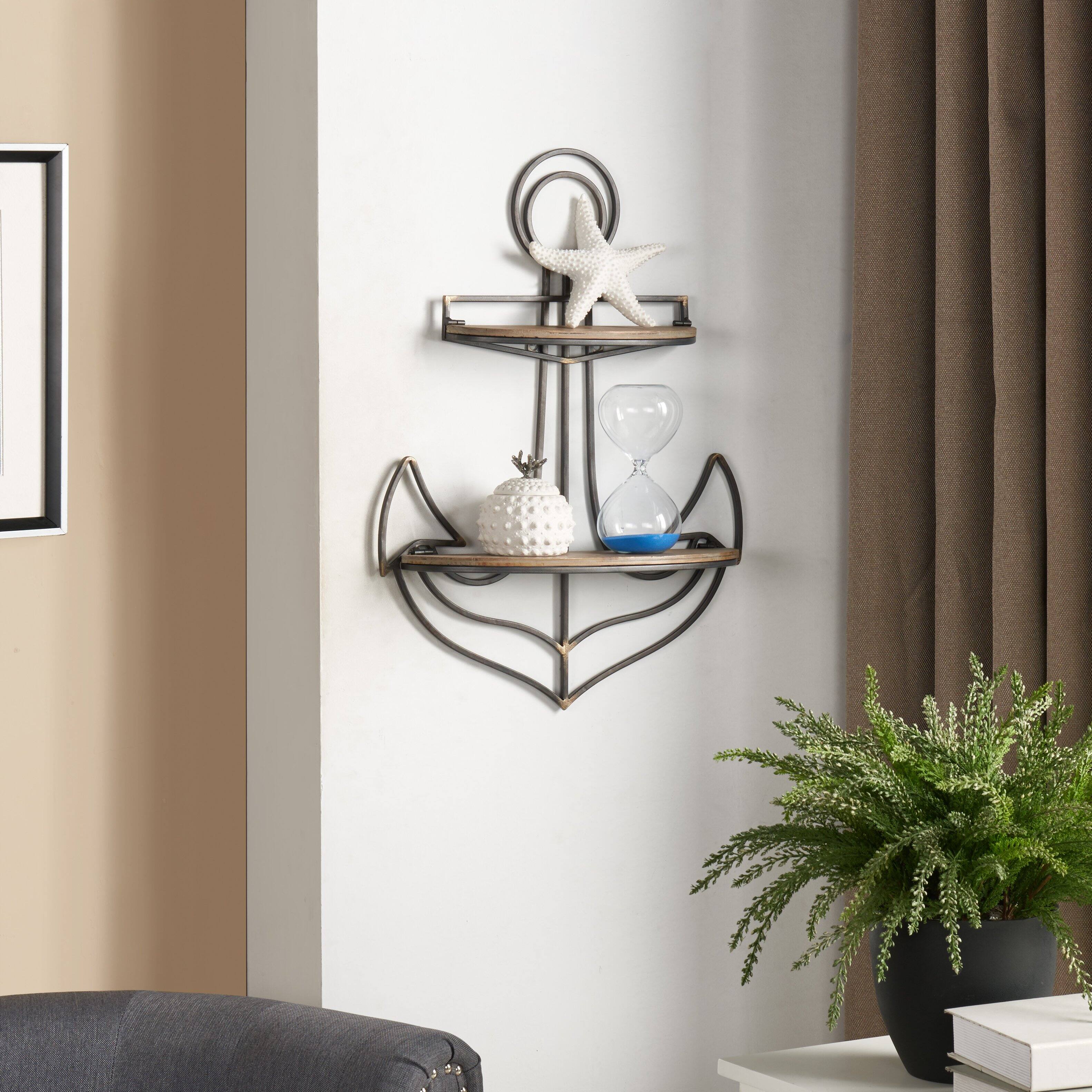 Left. Danya B - Adjustable Foldable Two-Tier Anchor Decorative Wall Shelf - Brown.