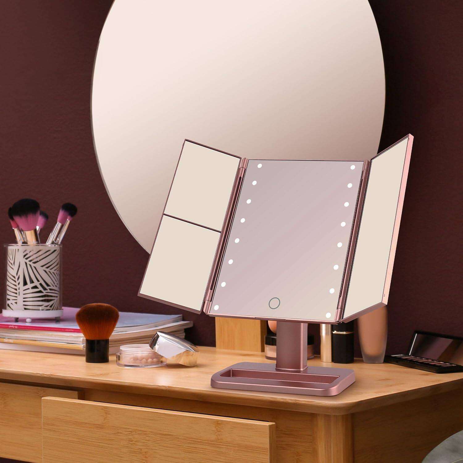 Alt View 1. Stamp n Camp - MELANNCO 7.09x4.69x11.61 Inch Rose Gold Tri Fold LED Vanity Mirror, 3 Magnifications and Dimmable Lights - Rose Gold.