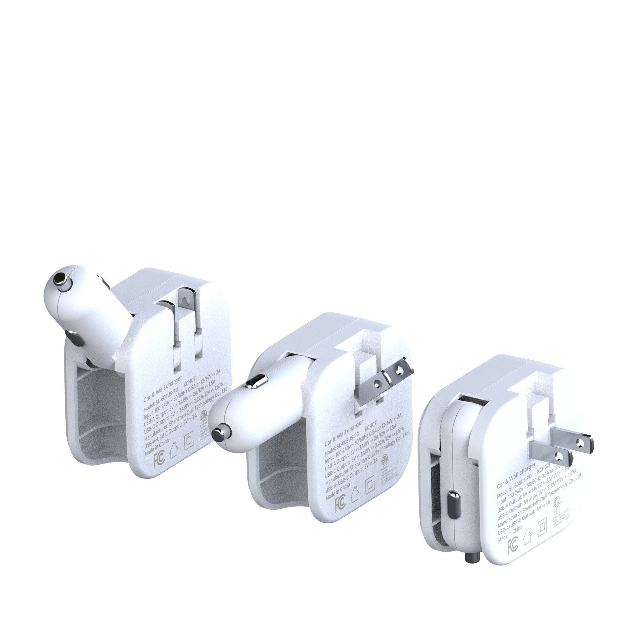 Sure, here is the corrected and grouped text from the image:

---

**C3+ Wall Charger**

**Model: C3+**

**Input:**
- 100-240V~ 50/60Hz
- 0.5A-3A

**Output:**
- USB-A: 5V=2.4A, 9V=2A, 12V=1.5A, 15V=1.33A, 20V=1.2A
- USB-C: 5V=3A, 9V=3A, 12V=2.5A, 15V=2A, 20V=1.5A

**Total Output:**
- 60W

**CE, FCC, RoHS, REACH**

**Made in China**

---

This text is repeated on each of the three wall chargers shown in the image.