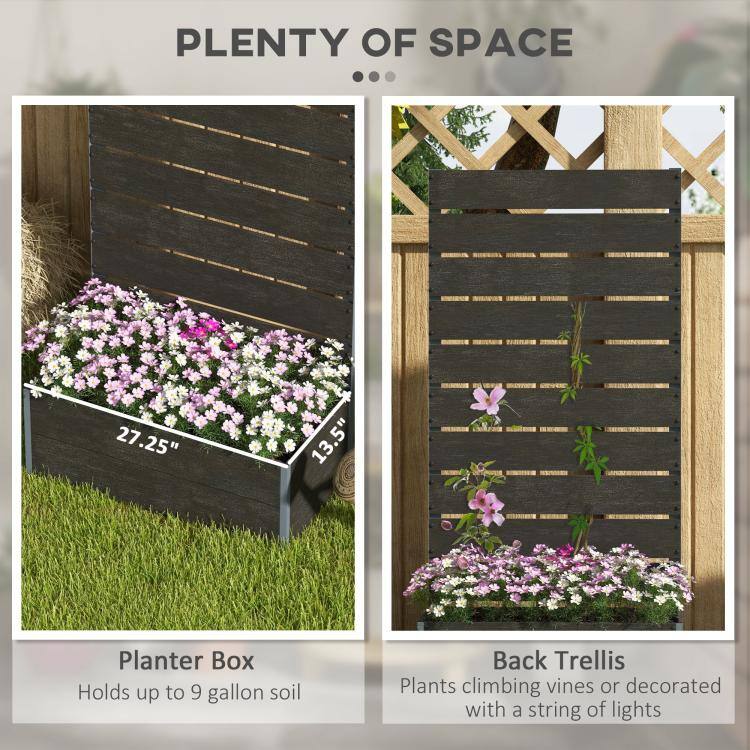 PLANTER BOX
27.25" x 13.5"
Holds up to 9 gallon soil

BACK TRELLIS
Plants climbing vines or decorated with a string of lights