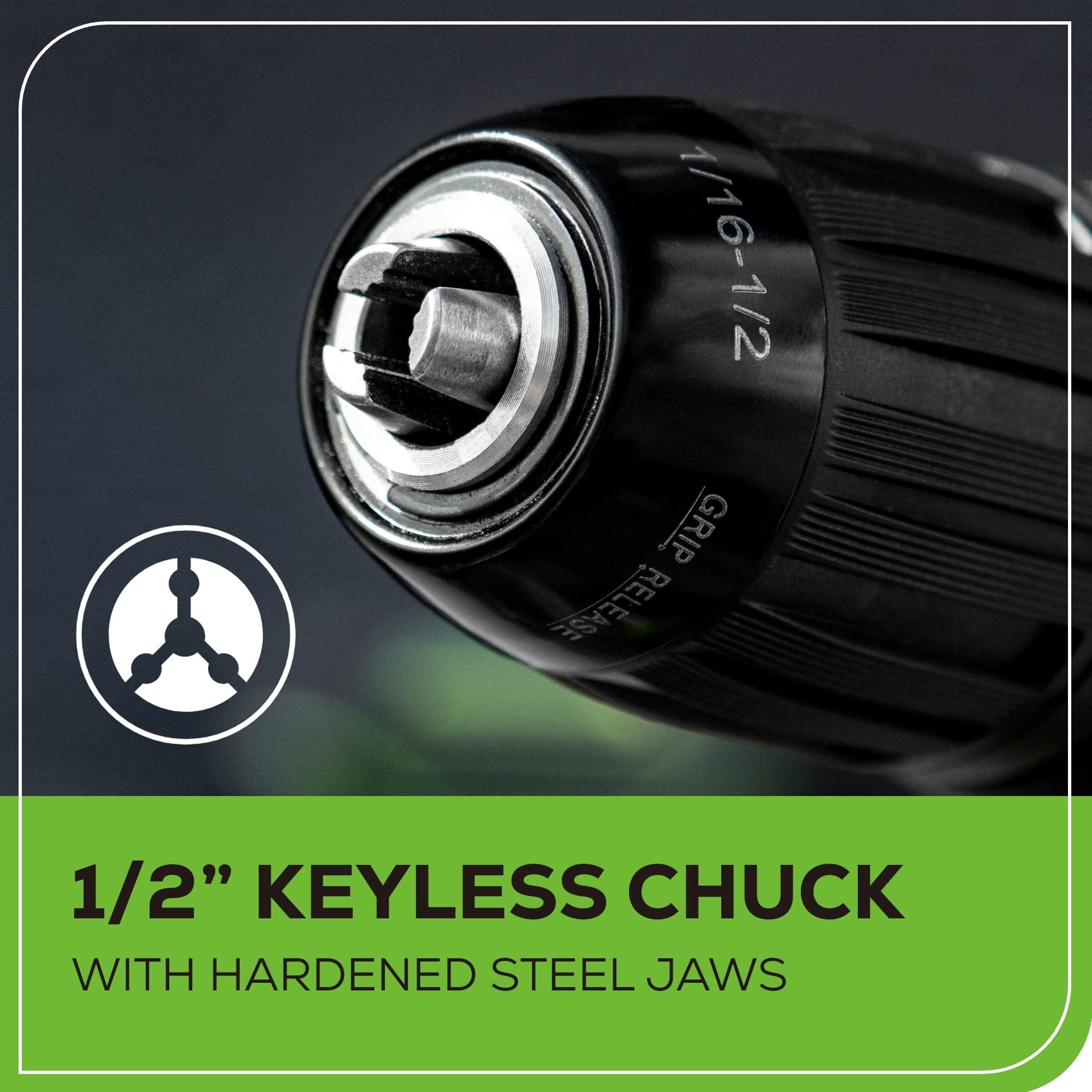 1/2" Keyless Chuck with Hardened Steel Jaws