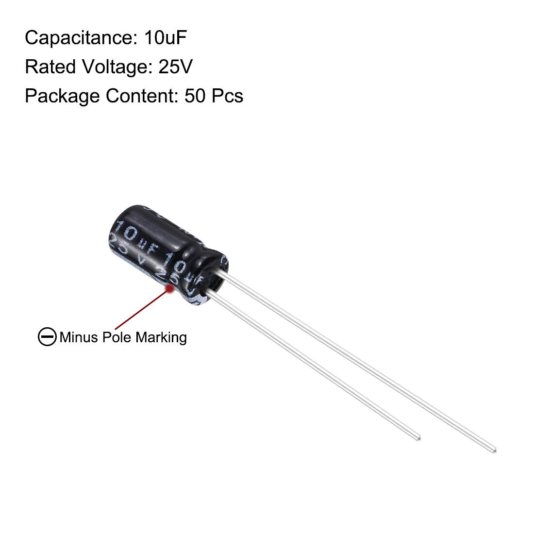 Capacitance: 10uF  
Rated Voltage: 25V  
Package Content: 50 Pcs  

Minus Pole Marking