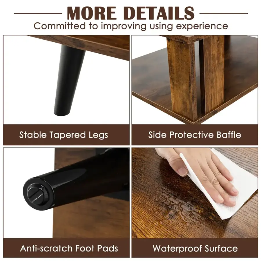 The text on the image is grouped and corrected as follows:

1. Committed to improving using experience
2. Stable Tapered Legs
3. Side Protective Baffle
4. Anti-scratch Foot Pads
5. Waterproof Surface
