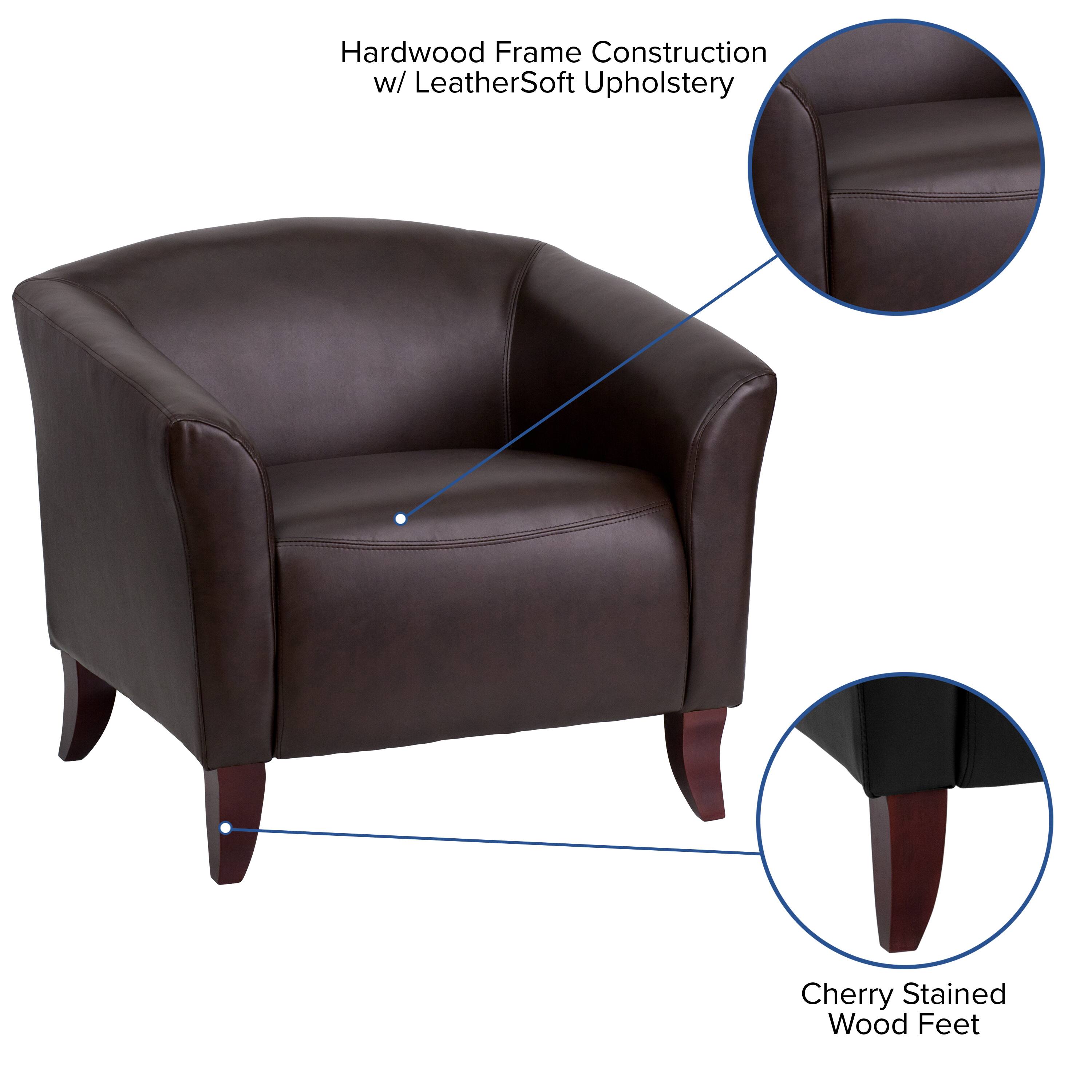 Hardwood Frame Construction w/ LeatherSoft Upholstery  
Cherry Stained Wood Feet
