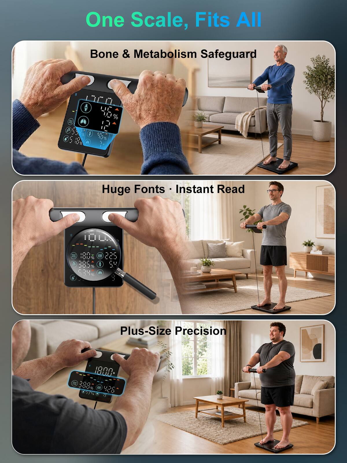 One Scale, Fits All

Bone & Metabolism Safeguard

Huge Fonts - Instant Read

Plus-Size Precision