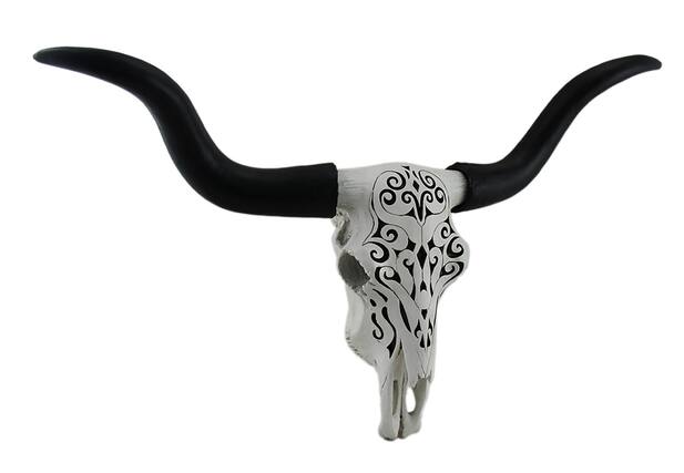 Front. Zeckos - Longhorn and Lace Black & White Filigree Design Hanging Steer Skull Statue - White.