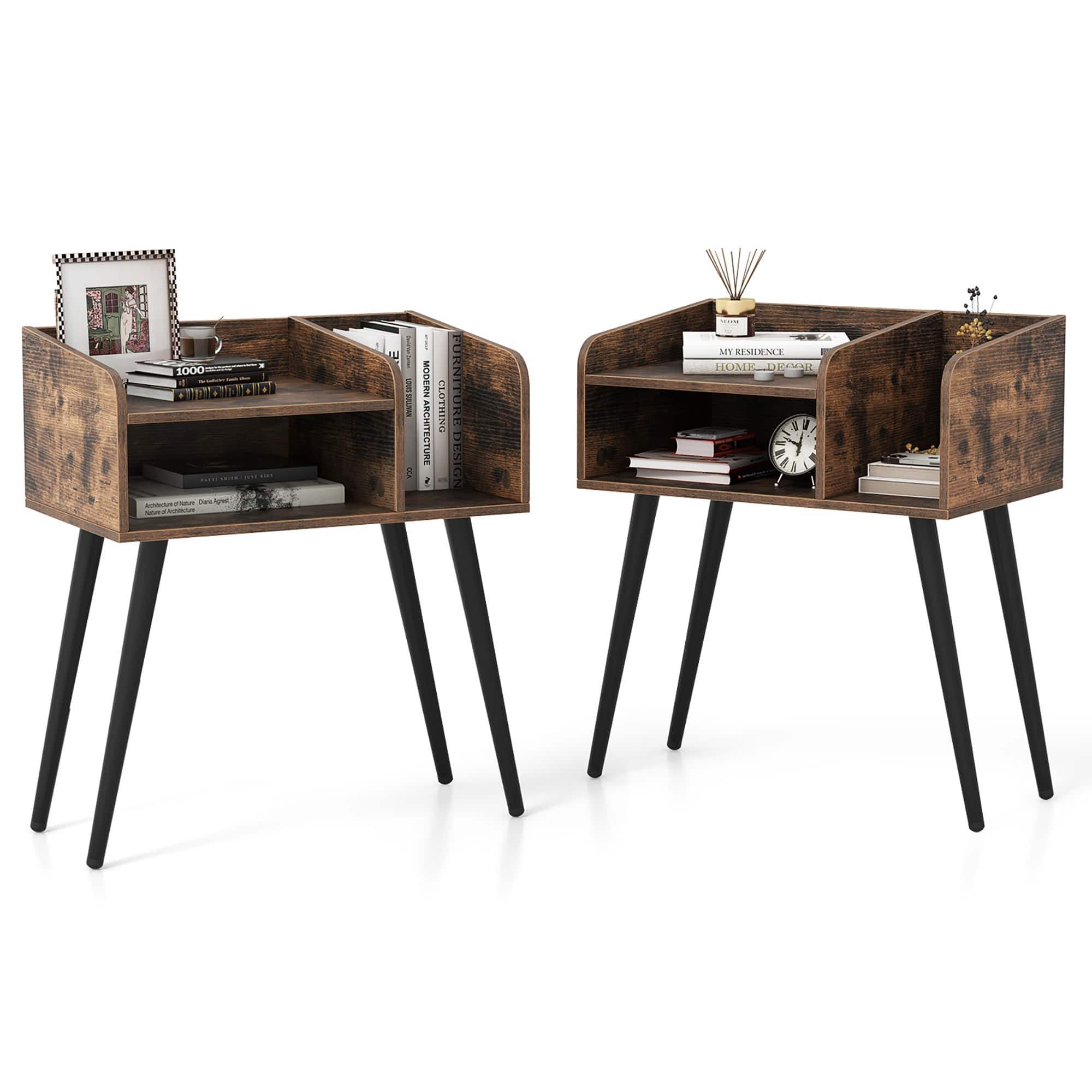Costway - 2PCS Mid Century Modern End Table with Open Shelves Metal Support Legs - Brown/Black