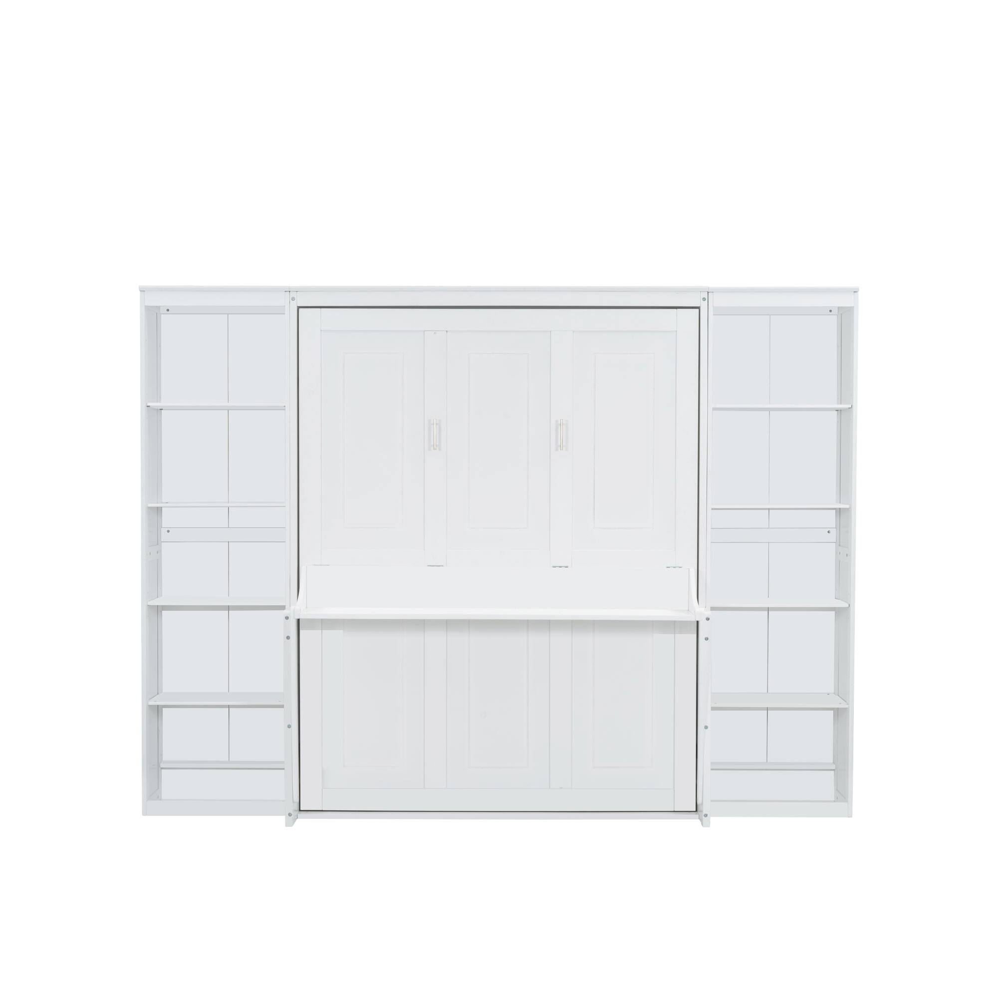 Alt View 1. Whisen - Queen Size Murphy Bed with Built-in Desk and Side Bookshelves, Foldable Space-Saving Bed Cabinet - White.