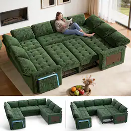 Dyonery - 8-Seat Modular Sectional Sleeper Sofa with Pull Out Bed/Reclining Backrest/USB Ports/Table/LED Light/Storage - Green
