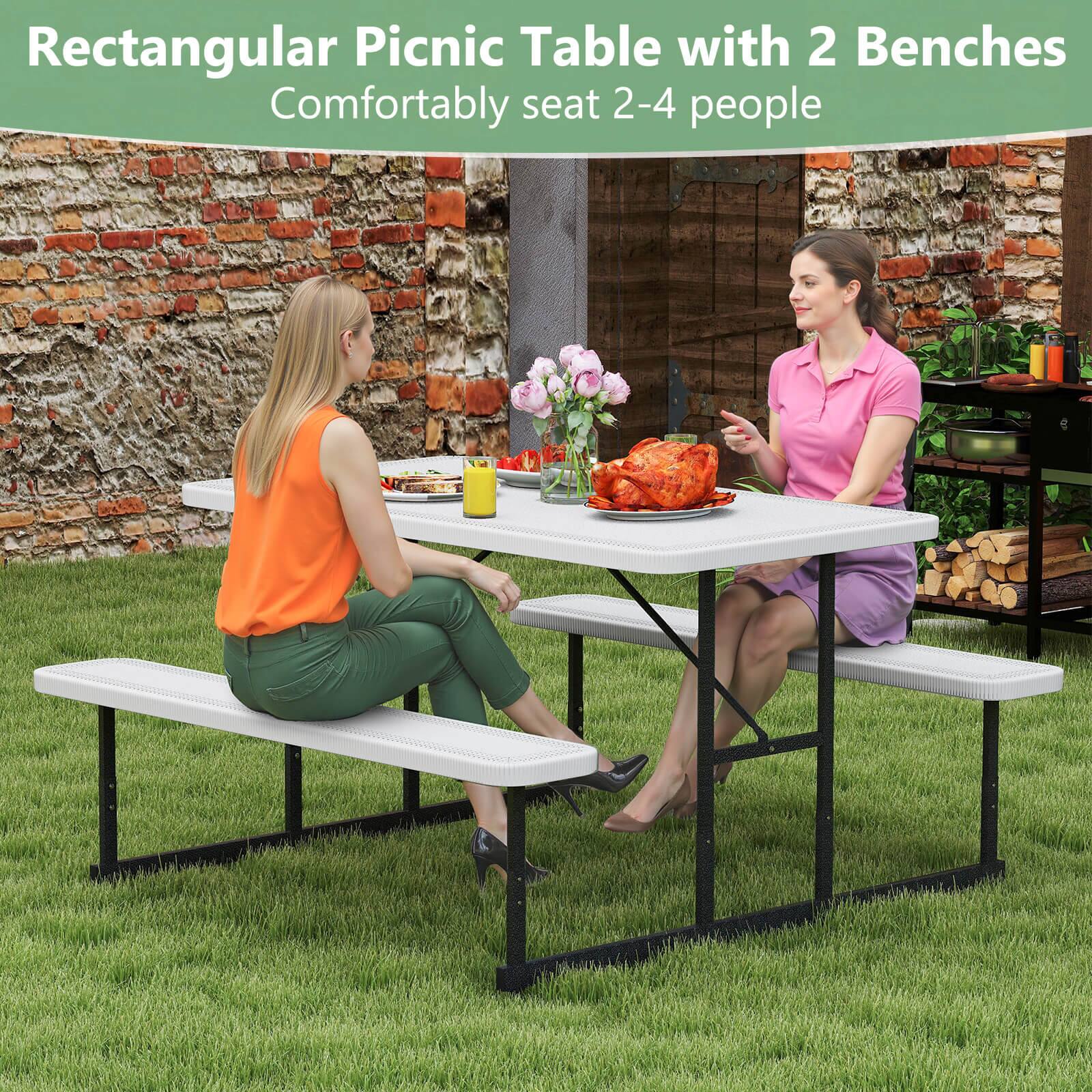 Rectangular Picnic Table with 2 Benches comfortably seats 2-4 people.