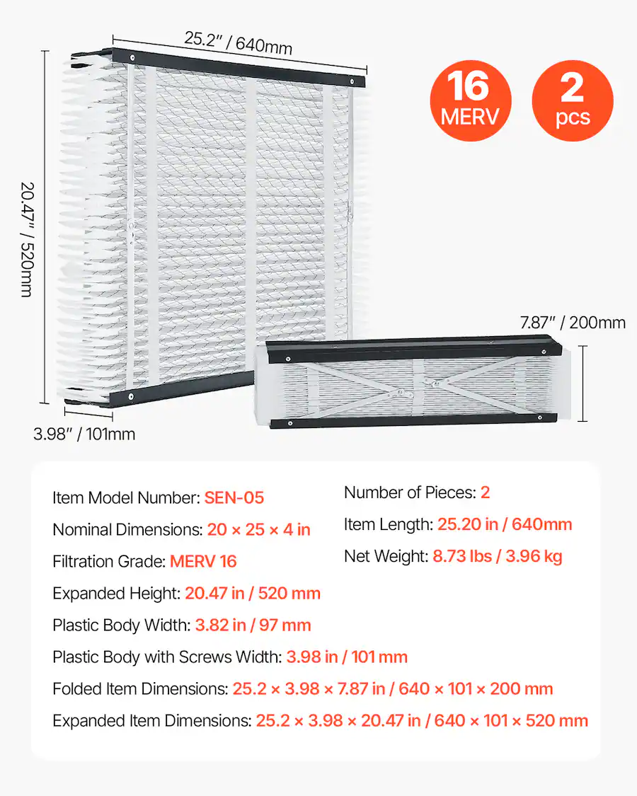 VEVOR 20 x 25 x Furnace Filter, MERV 16 HVAC Ac Filters,12 Month