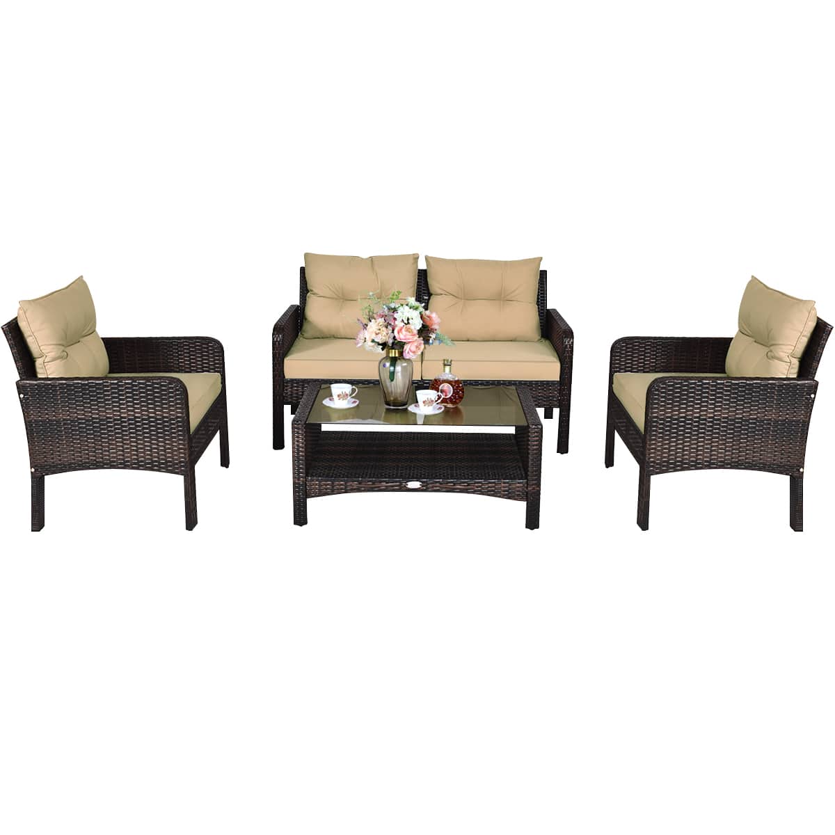 Costway - 4PCS Patio Rattan Furniture Set Loveseat Sofa Coffee Table Garden W/ Cushion - Brown price history on PriceWatchPro