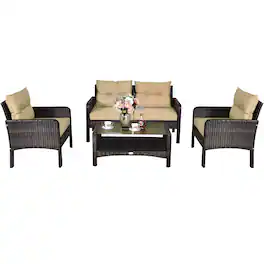 Costway - 4PCS Patio Rattan Furniture Set Loveseat Sofa Coffee Table Garden W/ Cushion - Brown