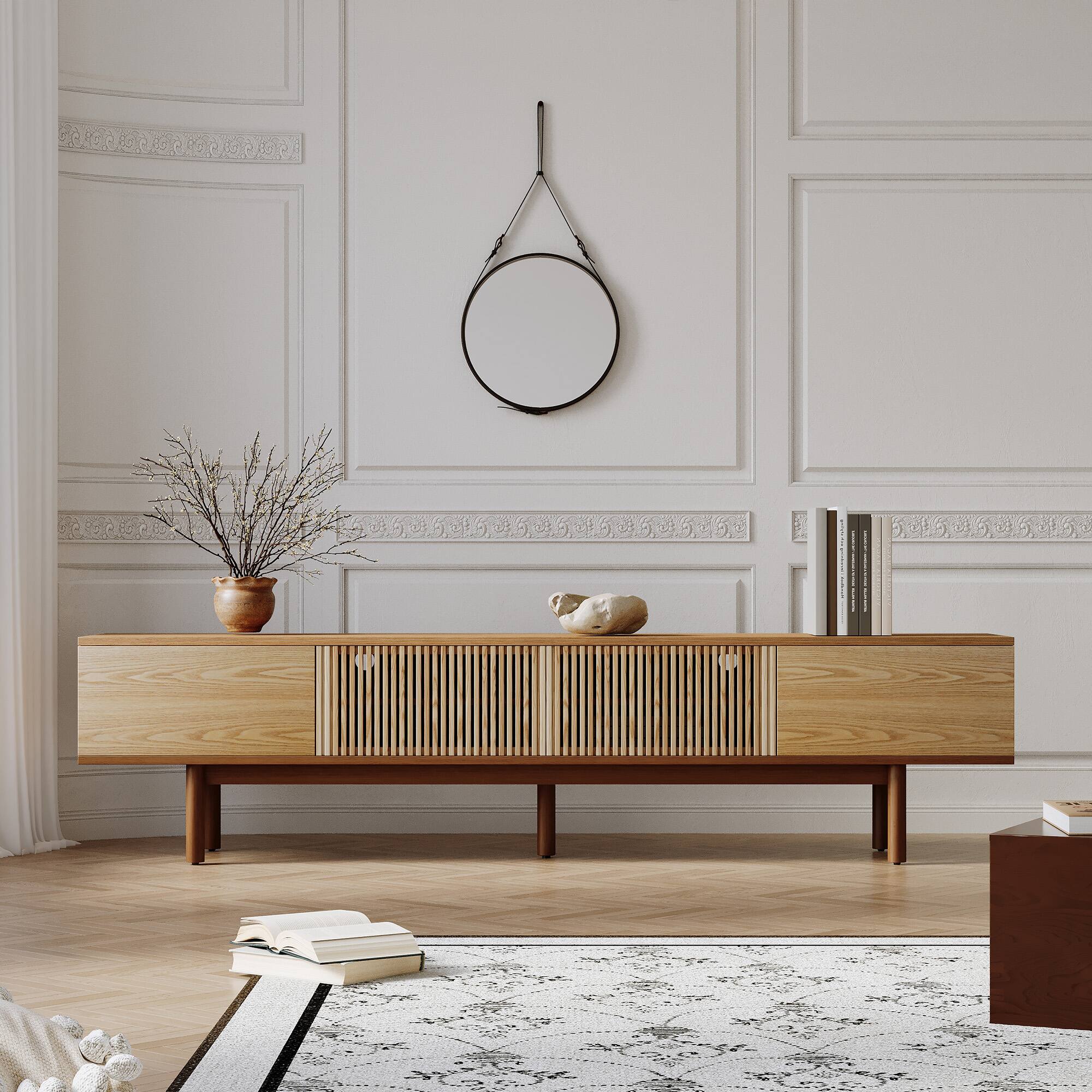 Angle. luck idea - 86.6" Solid Wood TV Stand, Media Console with Storage Space - Natural Color.