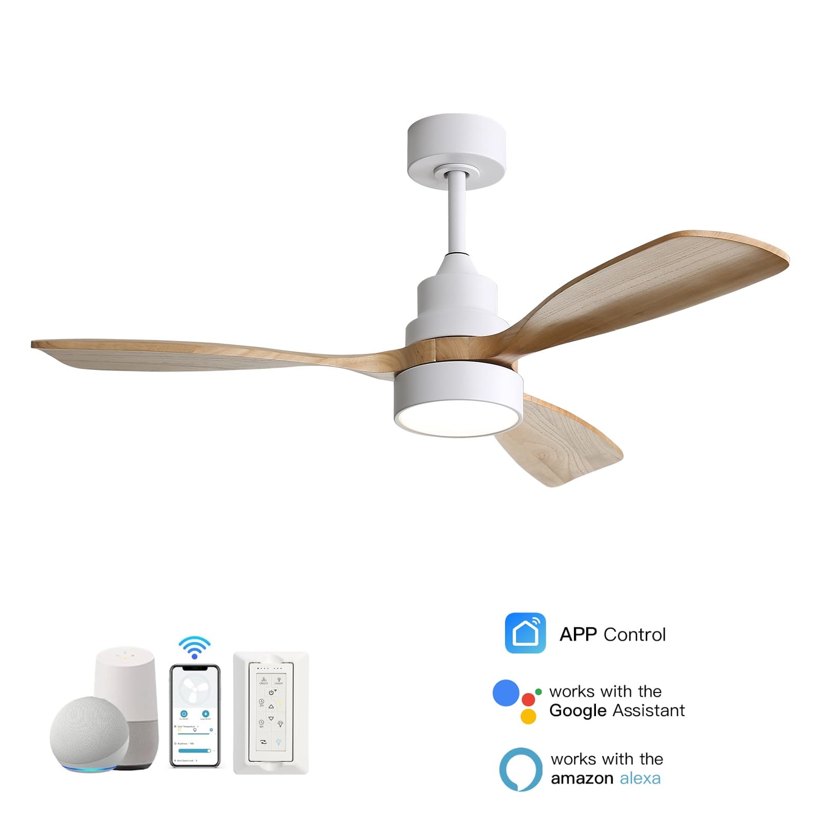 Sofucor - 48 Inch Outdoor Smart Ceiling Fans with Light with Alexa/Google Assistant/APP/Remote Control for Bedroom/Farmhouse/Patio - White - Natural Wood