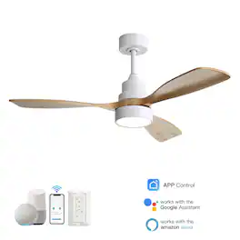 Sofucor - 48 Inch Outdoor Smart Ceiling Fans with Light with Alexa/Google Assistant/APP/Remote Control for Bedroom/Farmhouse/Patio - White - Natural Wood