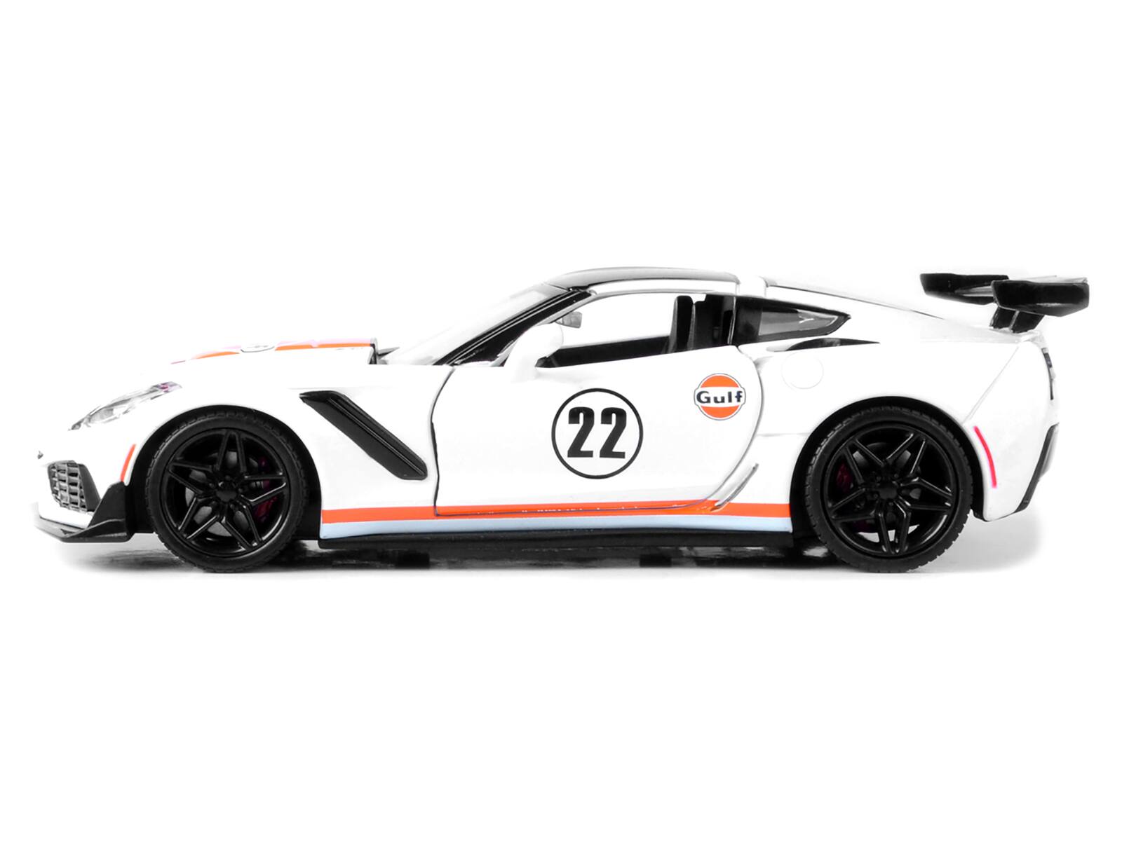 Alt View 1. Motormax - 2019 Chevrolet Corvette ZR1 #22 "Gulf Oil" White with Orange Stripes and Black Top 1/24 Diecast Model Car by Motormax.