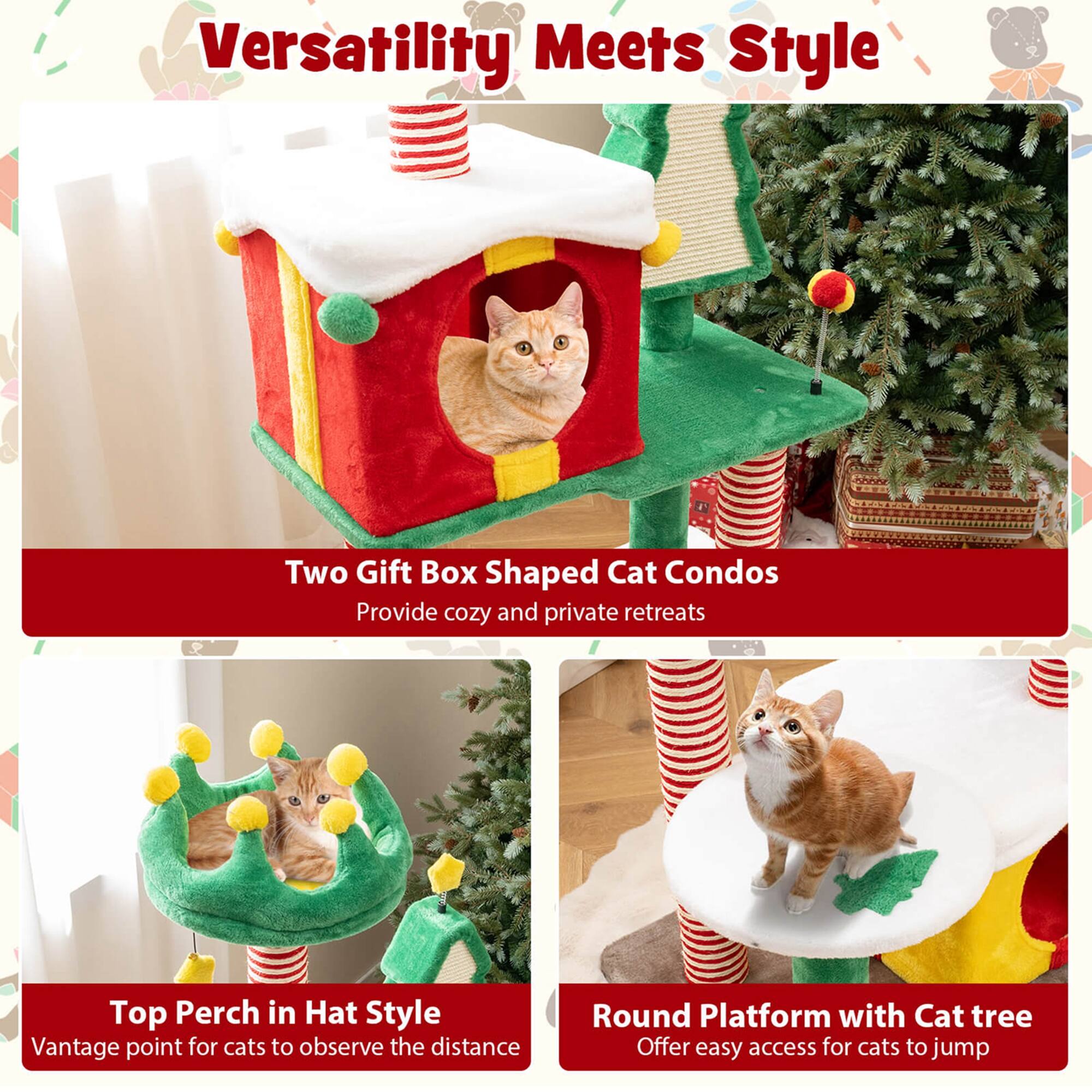 Versatility Meets Style

Two Gift Box Shaped Cat Condos
Provide cozy and private retreats

Top Perch in Hat Style
Vantage point for cats to observe the distance

Round Platform with Cat tree
Offer easy access for cats to jump