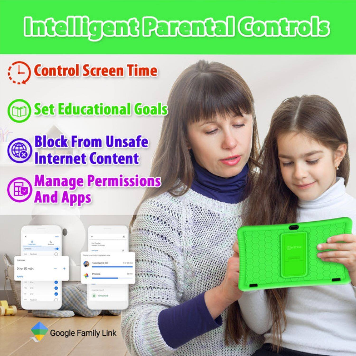 Intelligent Parental Controls

- Control Screen Time
- Set Educational Goals
- Block From Unsafe Internet Content
- Manage Permissions And Apps

Google Family Link